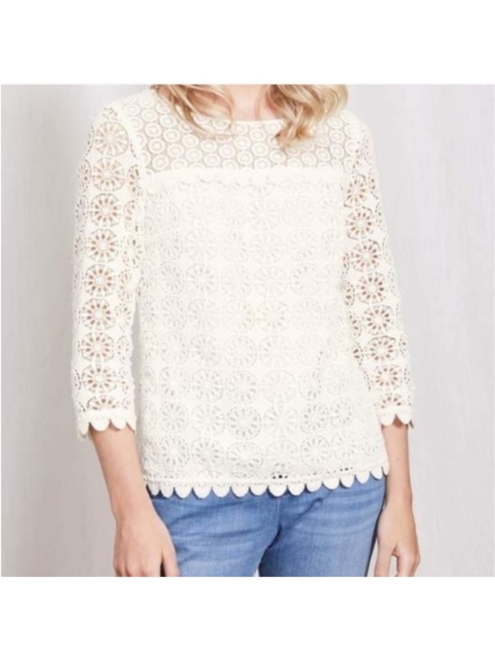 BODEN IVORY CROCHET LACE BLOUSE W/ MEDALLION PATTERN AND SCALLOPED HEM SZ 18